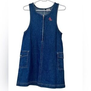Vtg In Design girl Blue Denim Jean cargo jumper dress zip front 12/14